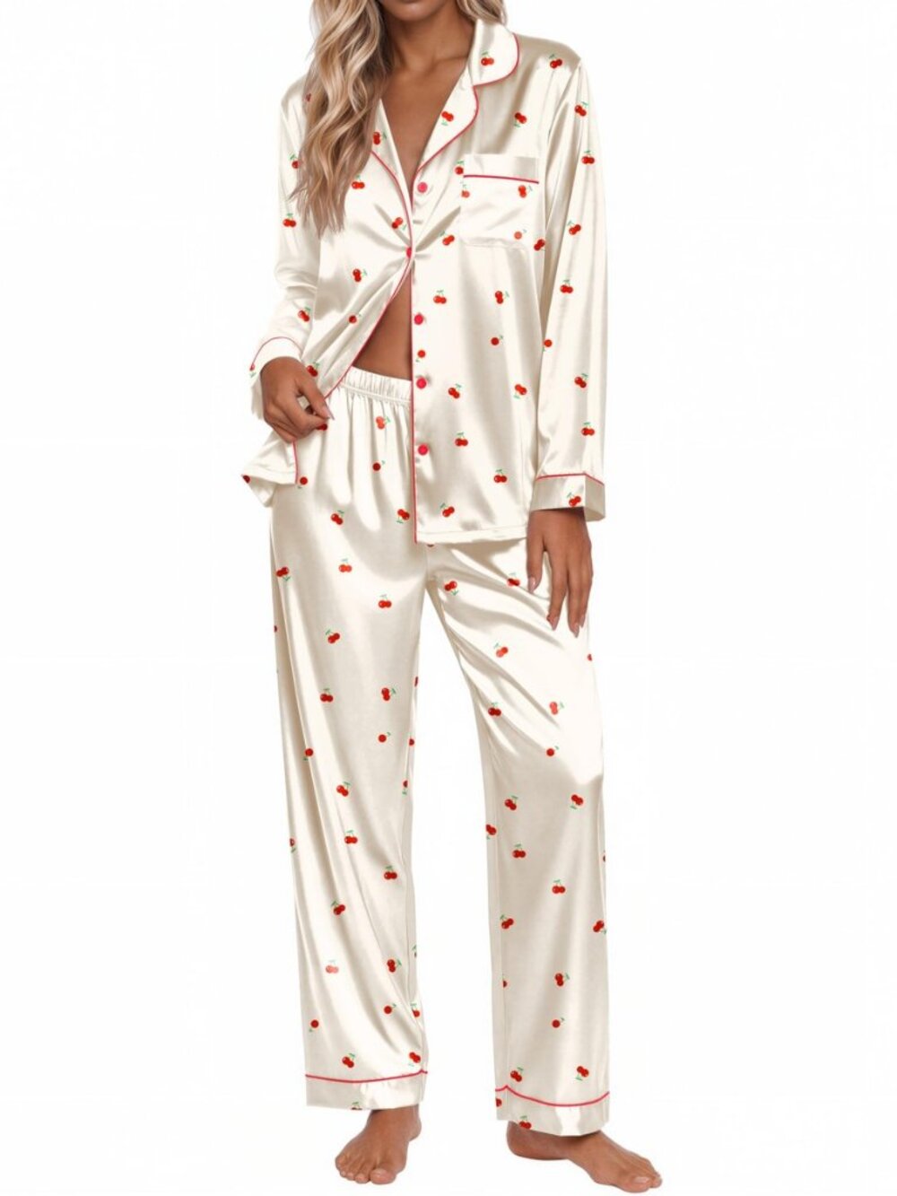 Silk Satin Pajamas for Womens Button Up Long Sleeve Pjs Lounge Set